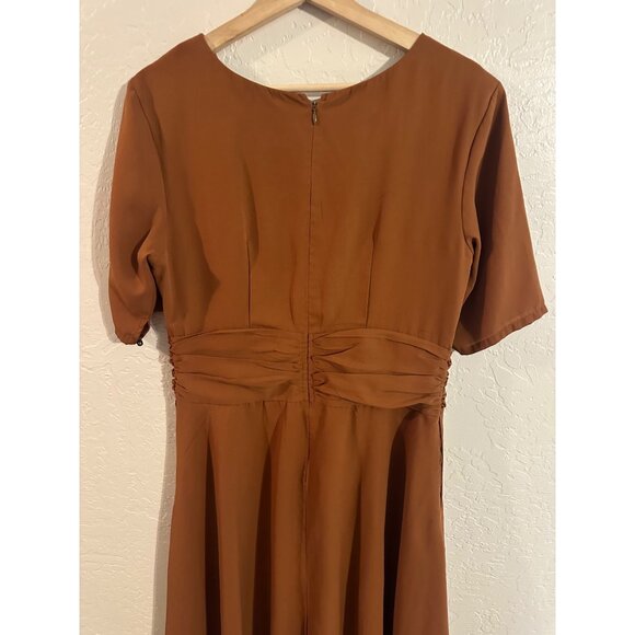 Y eShakti Retro Mocha Brown V Neck Ruched Middle Swing Midi Dress - Picture 15 of 15
